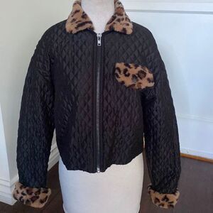 Dolls Kill Black Quilted Puffer Jacket with Leopard Accents